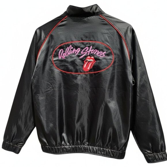 Vintage 80’s Roadie Rolling Stones Retro Black Red Sateen Bomber Jacket Size LG - Picture 4 of 9